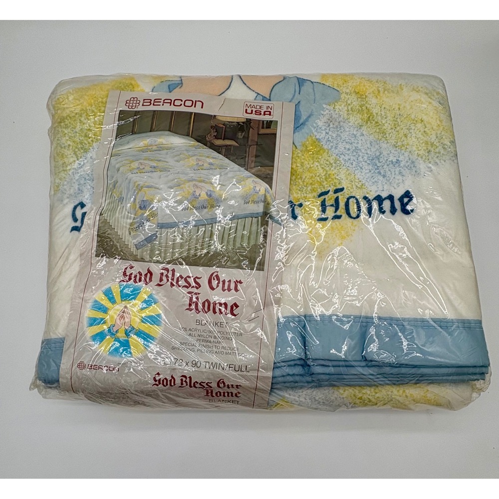 Vintage Beacon God Bless Our Home Blanket Twin Full Blue Yellow Made in USA NEW